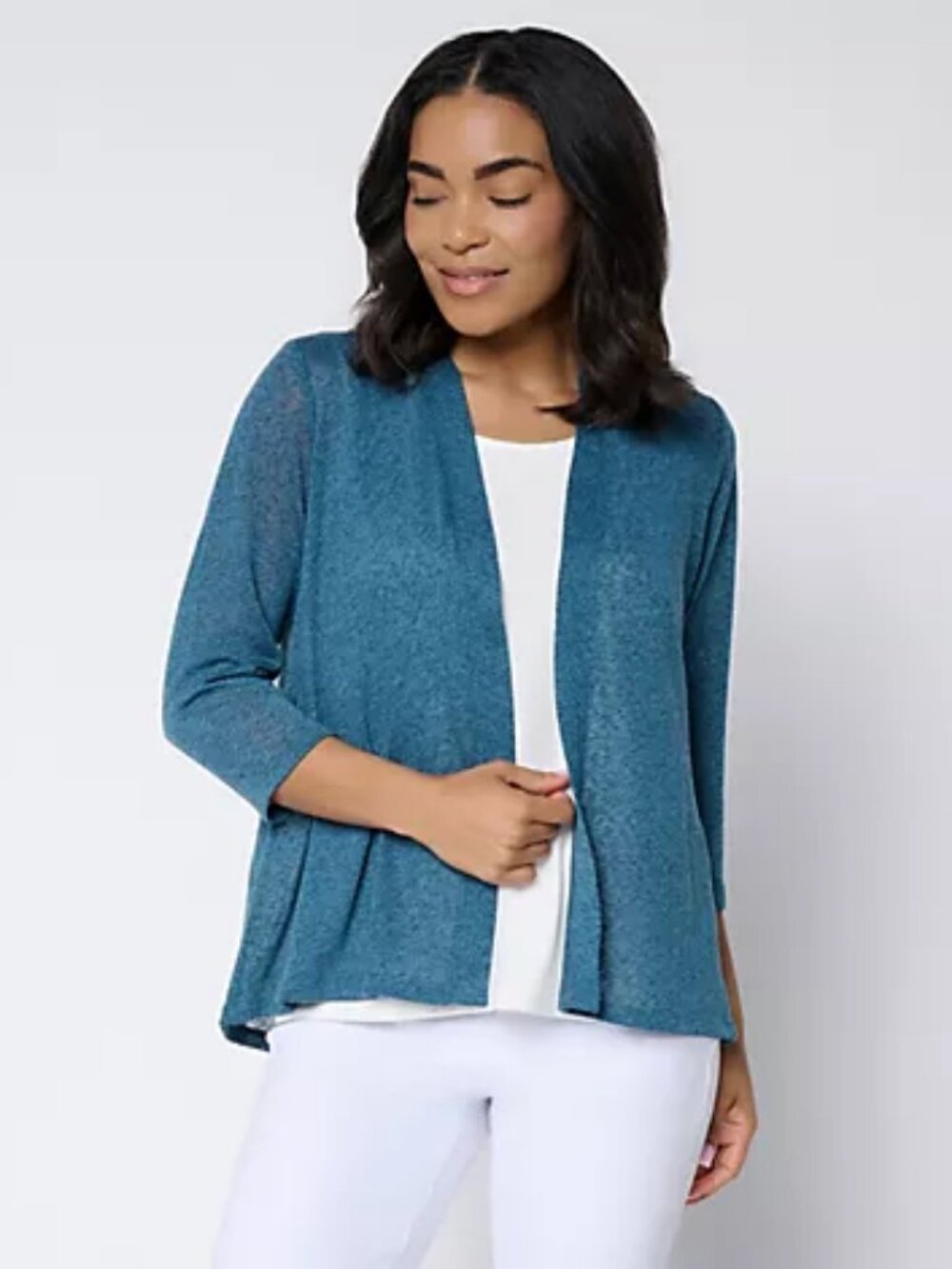 Denim & Co. Slub Knit Open Front 3/4-Sleeve Cardigan, Indigo Sz  a721692